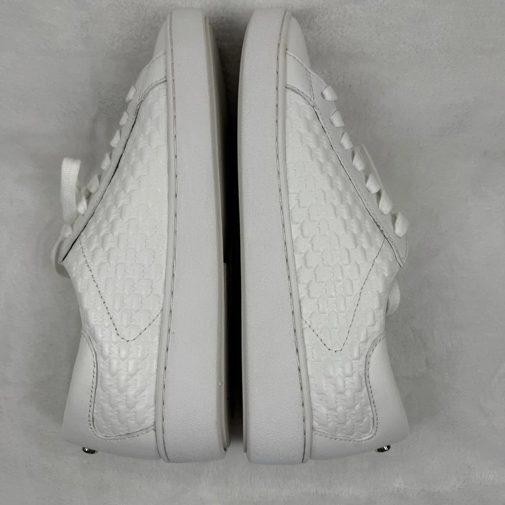 NEW Michael Kors Keaton White Leather Embossed MK Logo Sneakers Gold Hardware 7M